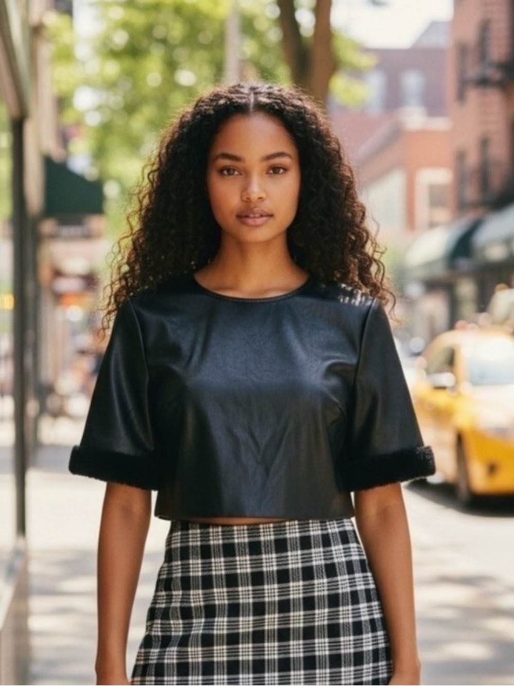 Milly Rainey Crinkled Faux Leather Crop Top Faux Fur Sleeves Women's XS Black